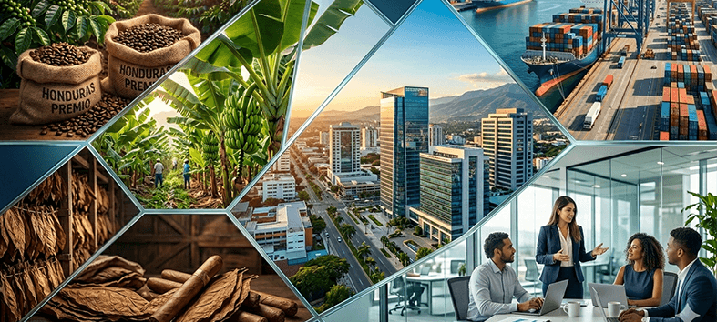 Collage of Honduras industries, cityscape, and professional teams